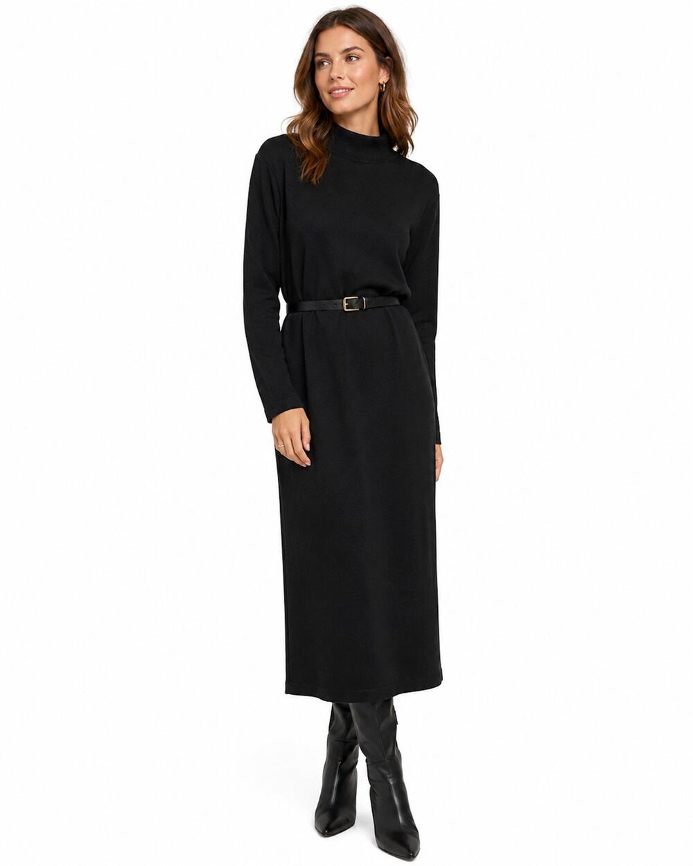 80s Black Mock Neck Knit Midi Dress | Minimalist Long Sleeve Dress | S/M